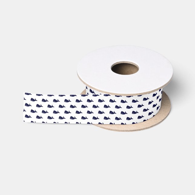 Cute Little Navy Blue Whale Pattern on White Satin Ribbon (Spool)