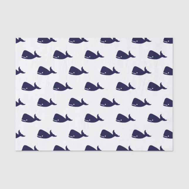 Cute Little Navy Blue Whale Pattern on White Tissue Paper (Front)