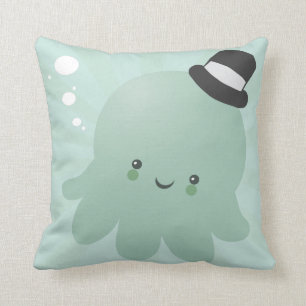 Cute Little Octopus wearing a black Top Hat Throw Pillow