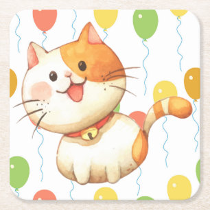 Cute Little Orange Cat Kitten Colourful Balloons Square Paper Coaster