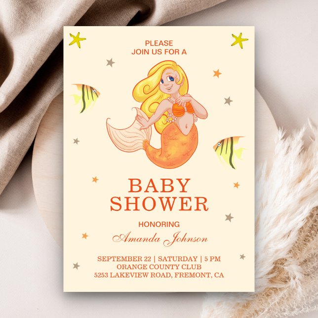 Cute Little Orange Mermaid Baby Shower Invitation (Creator Uploaded)