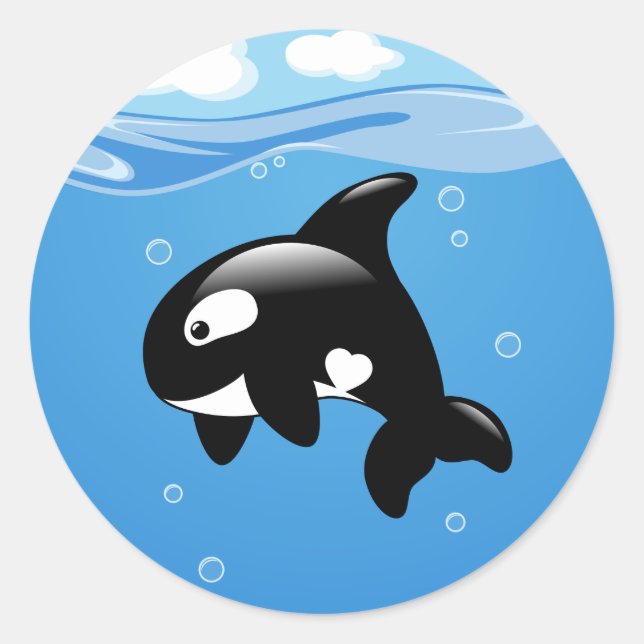 Cute Little Orca on Aqua Classic Round Sticker (Front)