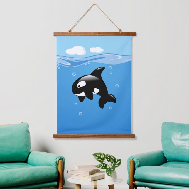 Cute Little Orca Whale in Ocean Hanging Tapestry (Living Room)