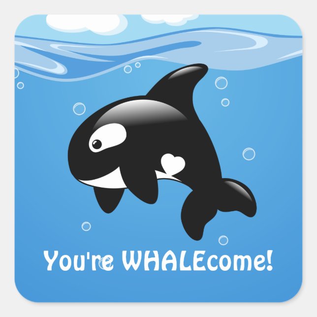 Cute Little Orca WHALEcome Square Sticker (Front)