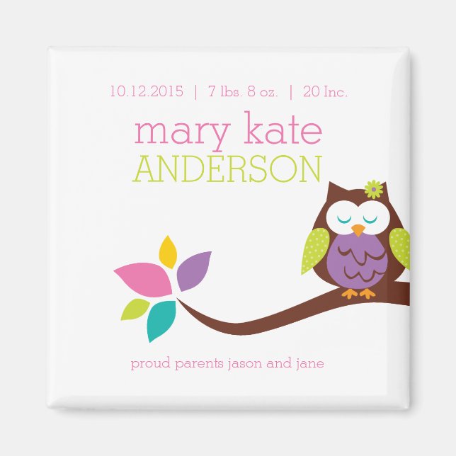 Cute Little owl on a branch KEEPSAKE ANNOUNCEMENT Magnet (Front)