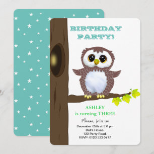 Cute little owl & stars on teal kids Birthday Invitation