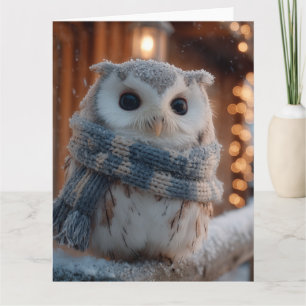 Cute little owl wearing knitted winter scarf card
