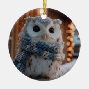 Cute little owl wearing knitted winter scarf  ceramic ornament