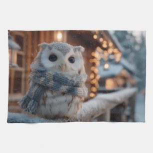 Cute little owl wearing knitted winter scarf kitchen towel