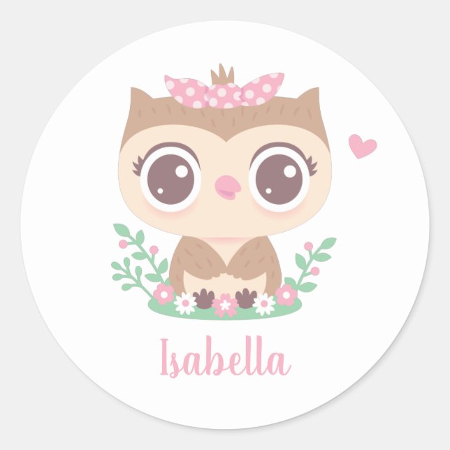 Cute Little Owl with Pink Bow Classic Round Sticker (Front)