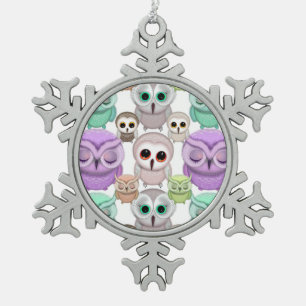 Cute Little Owls in Pastel Colours Snowflake Pewter Christmas Ornament