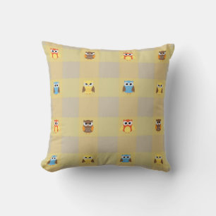 Cute Little Owls on Tan and Yellow Background Throw Pillow
