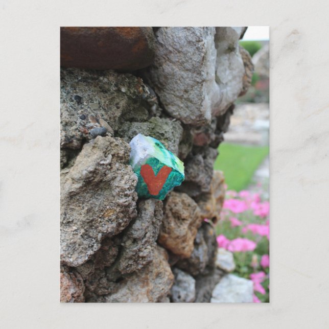Cute Little Painted Heart Rock on Rock Wall Postcard (Front)