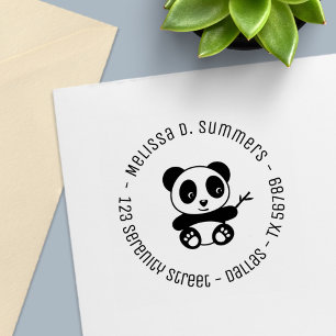 Cute Little Panda Bamboo Round Address 2 Self-inking Stamp