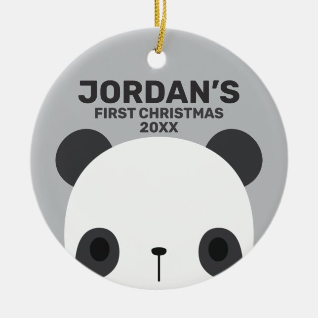 Cute Little Panda Bear with Personalized Name Ceramic Ornament (Front)