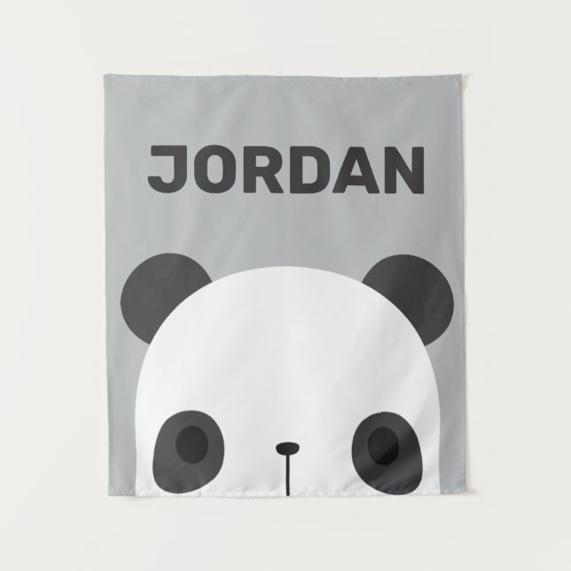 Cute Little Panda Bear with Personalized Name Tape Tapestry (Front)