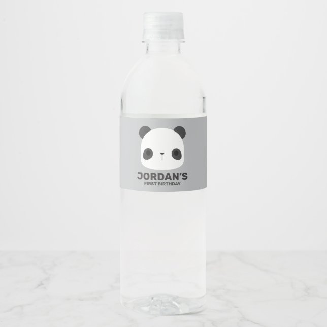 Cute Little Panda Bear with Personalized Name Water Bottle Label (Front)