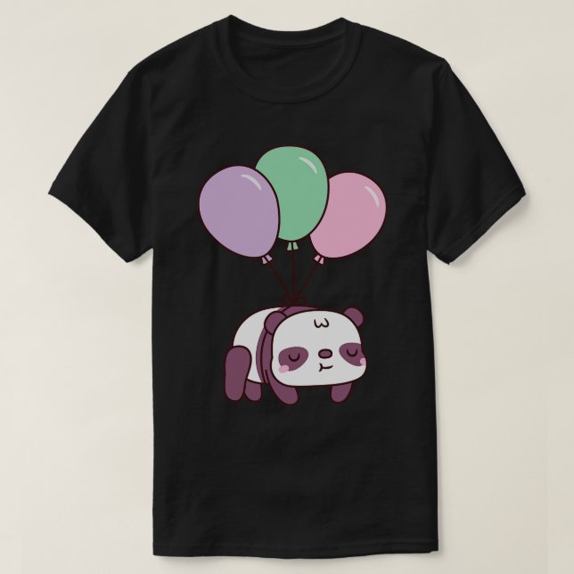 Cute Little Panda Flying With Balloons T-Shirt (Design Front)