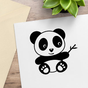 Cute Little Panda Holding a Bamboo Stick Rubber Stamp
