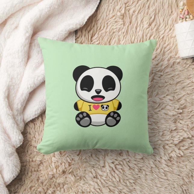 Cute Little Panda In Yellow T-shirt on Green Throw Pillow (Blanket)