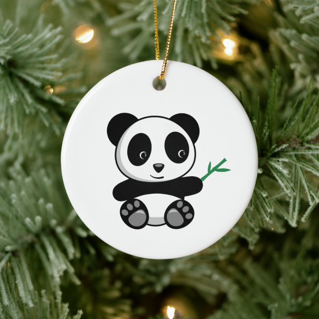 Cute Little Panda with a Bamboo Stick Ceramic Ornament (Tree)