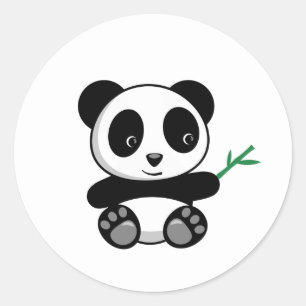 Cute Little Panda with a Bamboo Stick Classic Round Sticker