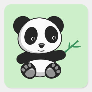 Cute Little Panda with a Bamboo Stick Green Square Sticker