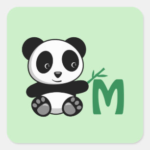 Cute Little Panda with a Bamboo Stick Monogram Square Sticker