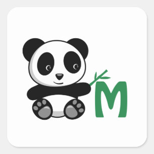 Cute Little Panda with a Bamboo Stick Monogram Square Sticker