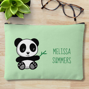 Cute Little Panda with a Bamboo Stick on Green Accessory Pouch