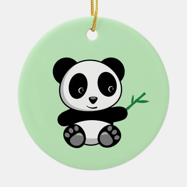 Cute Little Panda with a Bamboo Stick on Green Ceramic Ornament (Front)