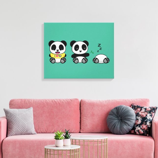 Cute Little Pandas on Green Canvas Print (Insitu(LivingRoom))