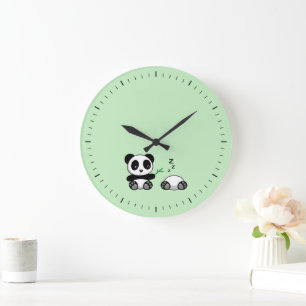 Cute Little Pandas on Green Large Clock