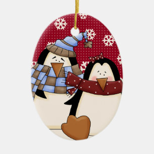 Cute Little Penguin Couple Ceramic Ornament