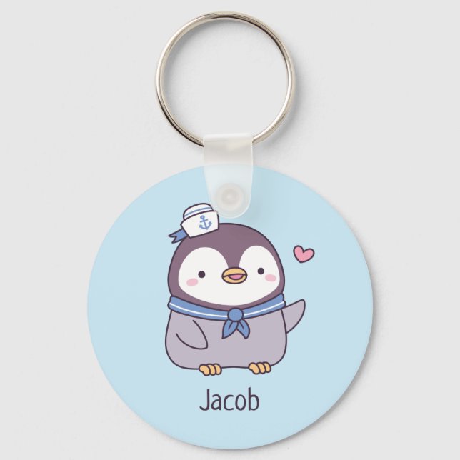 Cute Little Penguin Sailor Crew Personalized Keychain (Front)