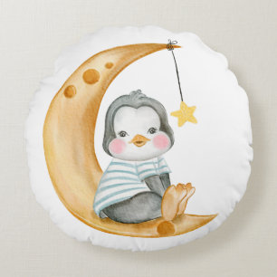 CUTE LITTLE PENGUIN SITTING ON A MOON & CLOUD ROUND PILLOW