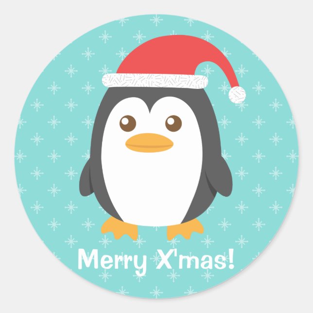 Cute Little Penguin with Santa Hat for Christmas Classic Round Sticker (Front)