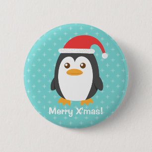 Cute Little Penguin with Santa Hat Xmas Button