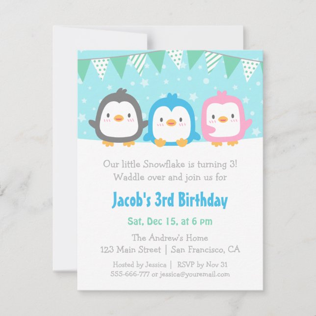 Cute Little Penguins Birthday Party Invitations (Front)