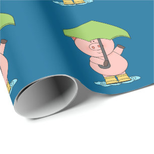 Cute little pig holding umbrella baby shower wrapping paper