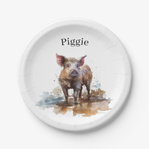 Cute little pig in the mud, customizable paper plate