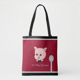 Cute Little Pig on Burgundy Red & Black Tote Bag