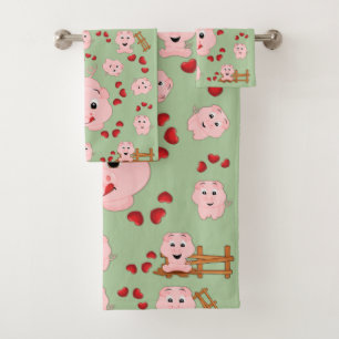 Cute Little Piggies and Hearts Pattern Print Bath Towel Set