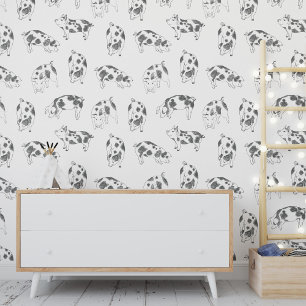 Cute Little Pigs Pattern Black White Drawing Wallpaper