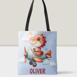 Cute Little Pilot Dinosaur Flying Airplane Tote Bag