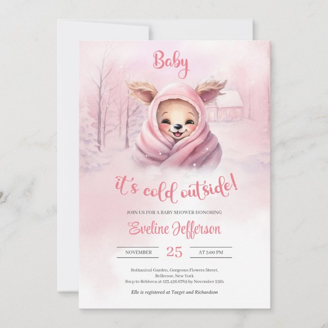 Cute little pink baby reindeer in pink winter invitation (Front)