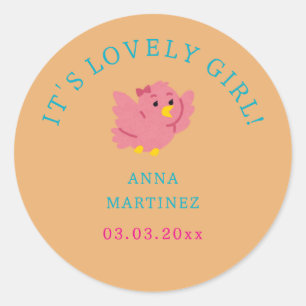 Cute Little Pink Bird Theme Girl Baby Shower Classic Round Sticker