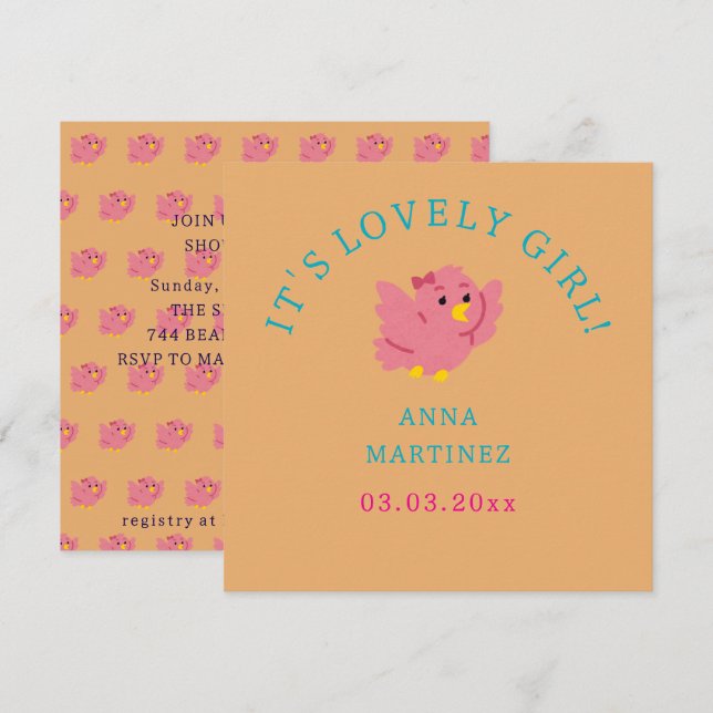 Cute Little Pink Bird Theme Girl Baby Shower Invitation (Front/Back)