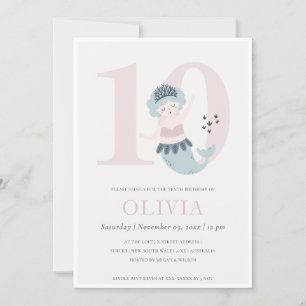 Cute Little Pink Blue Mermaid 10th Birthday Invite