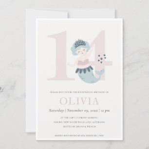 Cute Little Pink Blue Mermaid 14th Birthday Invite